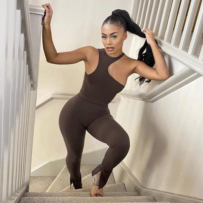 One-Shoulder Bodysuit Tight-Fitting Basic Pants Suit Women