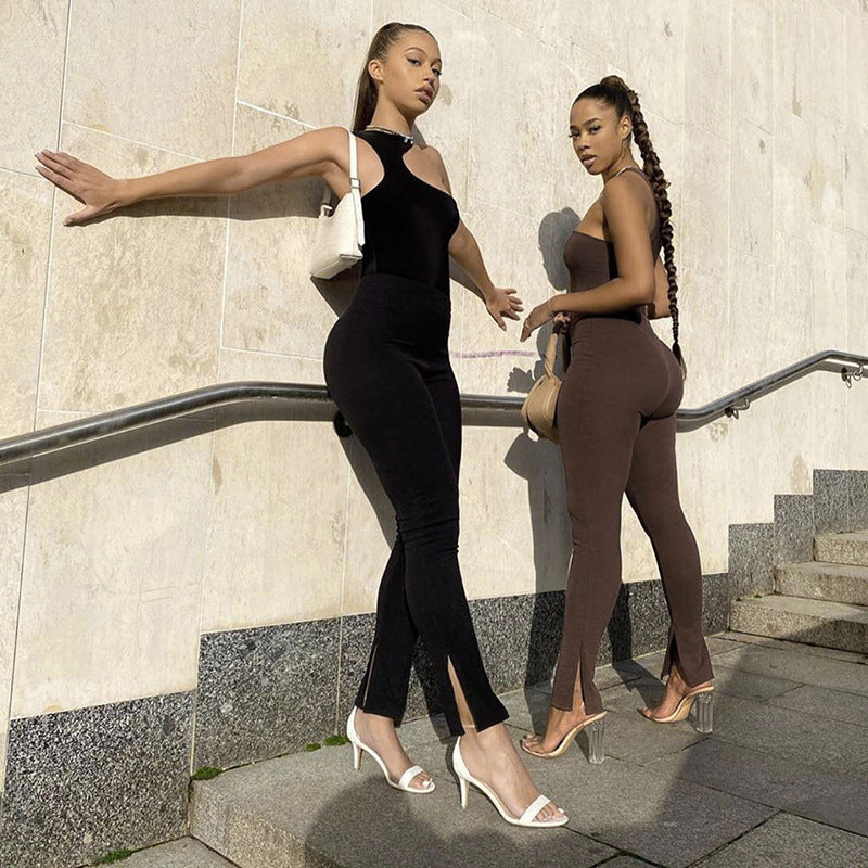 One-Shoulder Bodysuit Tight-Fitting Basic Pants Suit Women