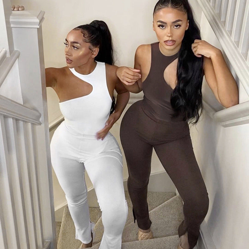 One-Shoulder Bodysuit Tight-Fitting Basic Pants Suit Women