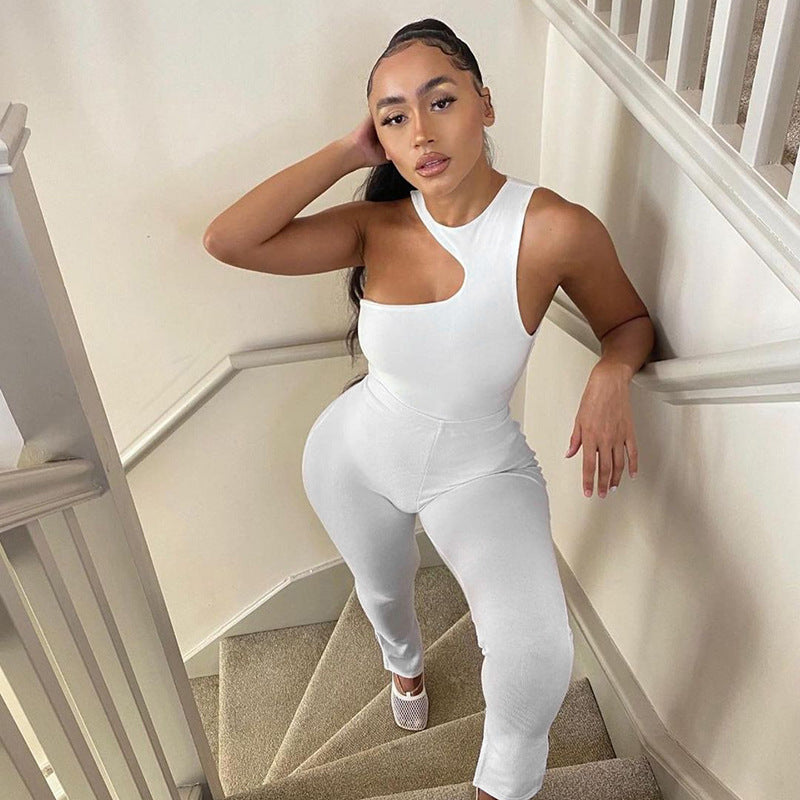 One-Shoulder Bodysuit Tight-Fitting Basic Pants Suit Women