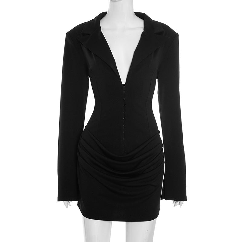 Deep V-neck Notched Collar Pleated Mini Defined Waistline Dress For Women