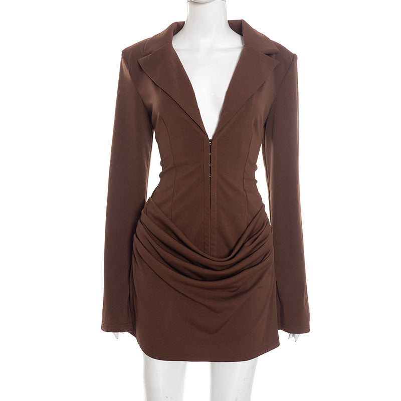 Deep V-neck Notched Collar Pleated Mini Defined Waistline Dress For Women