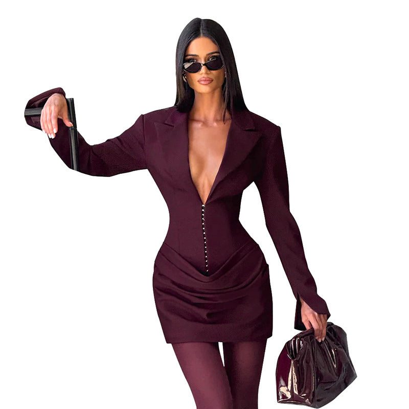 Deep V-neck Notched Collar Pleated Mini Defined Waistline Dress For Women