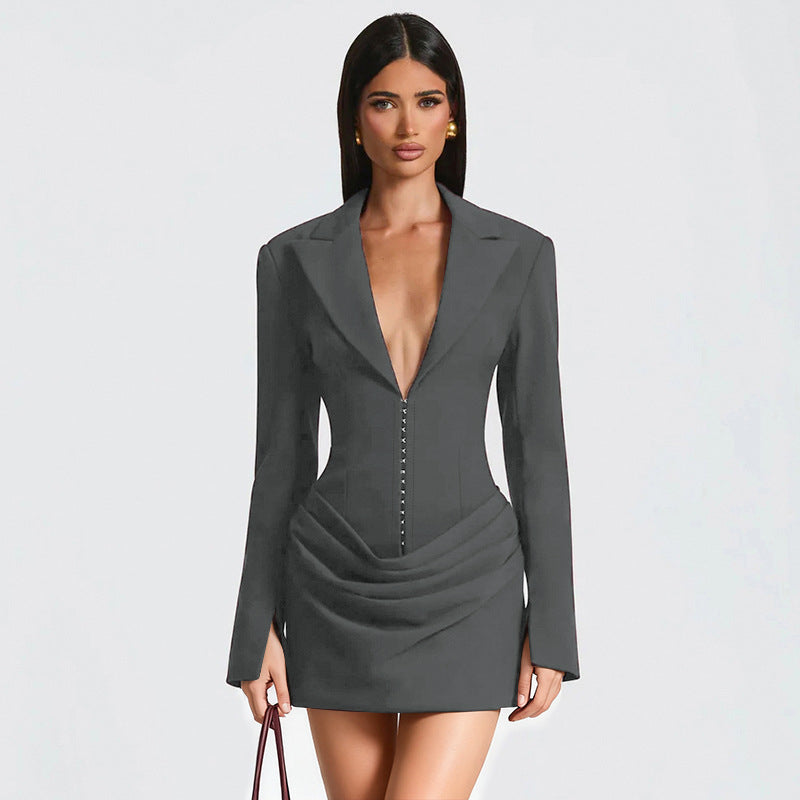 Deep V-neck Notched Collar Pleated Mini Defined Waistline Dress For Women